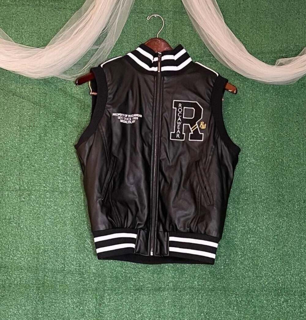 Rocawear World Class Varsity Faux Leather Zip-Up Sleeveless Vest